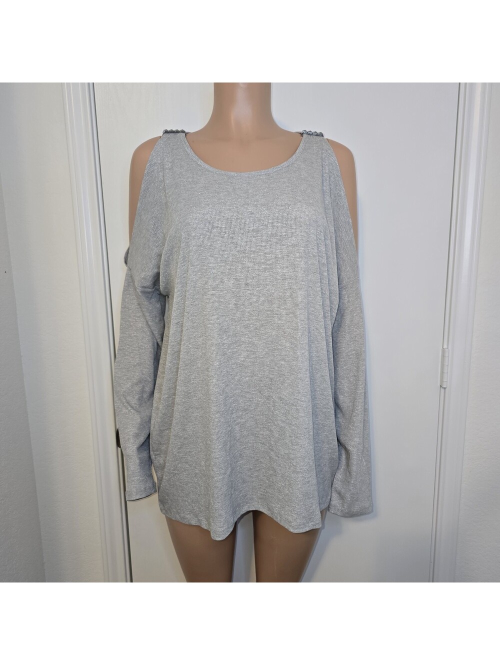 NWT Michael Kors Sweater Silver Shimmer Metallic Knit XL Women's Cold Shoulder